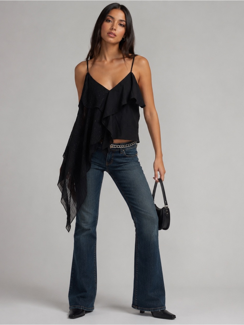 Midnight Drama Asymmetric Ruffle One-Shoulder Top